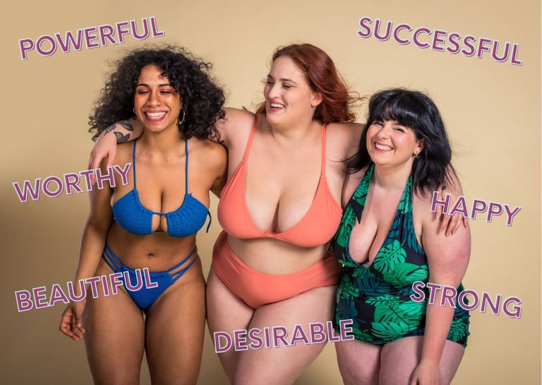 3 women in bikinis who are powerful, successful, happy, worthy, beautiful, desirable, strong